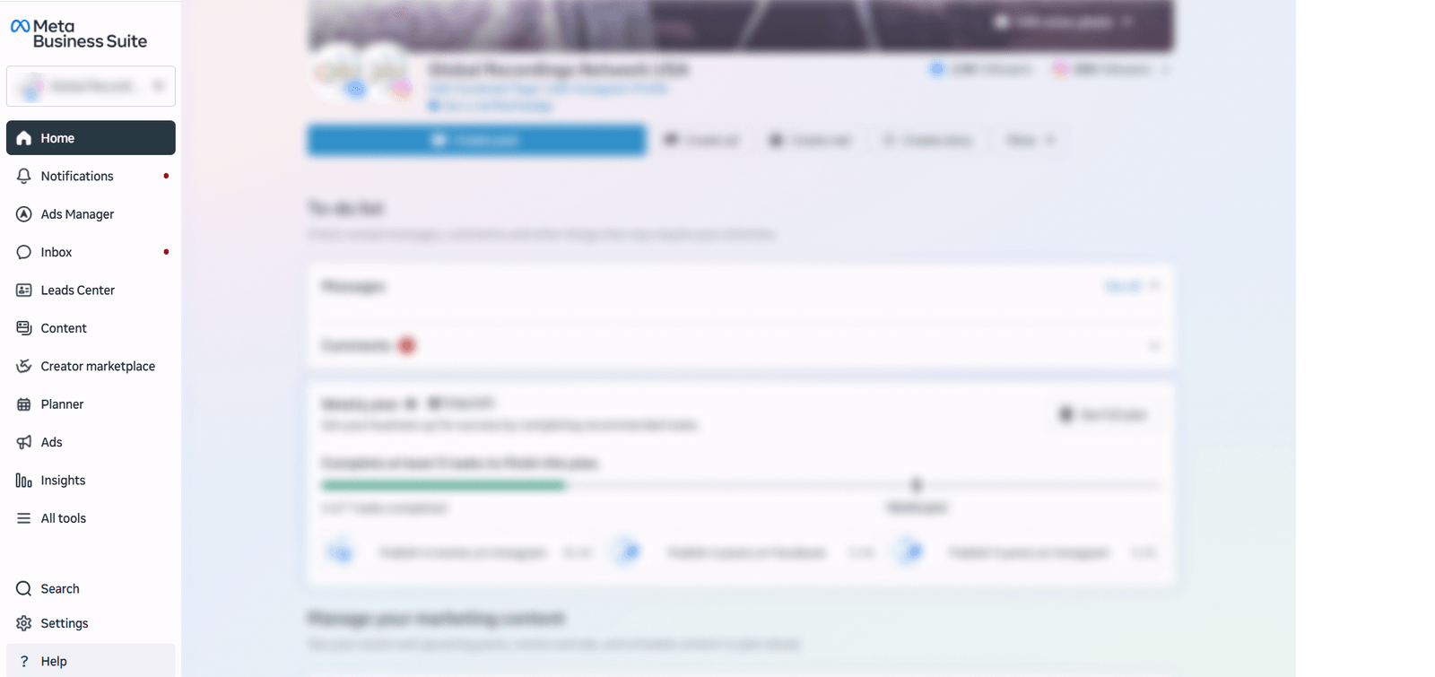 The Meta Business Suite home screen with Settings circled at the bottom of the left menu