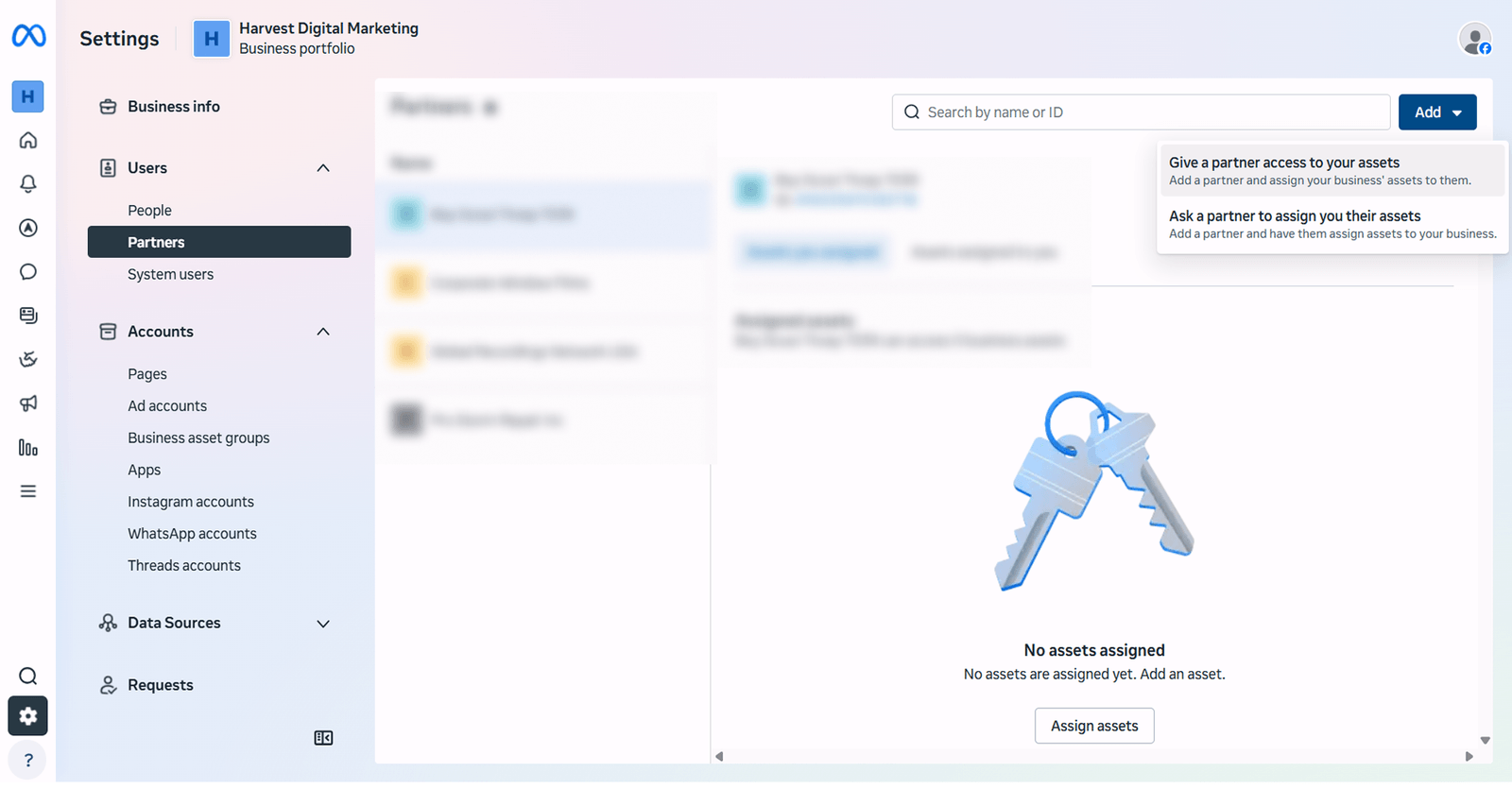 The Partners page in Meta Business Manager with the Add menu open showing Give a partner access to your assets