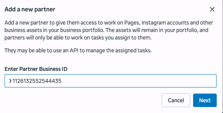The Add a new partner box in Meta Business Manager with a partner business ID entered and the Next button