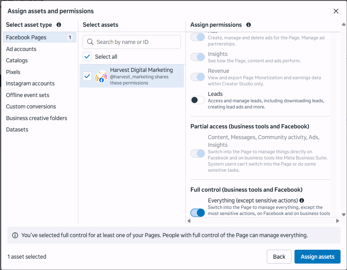 The assign assets screen with Facebook Pages selected, a Page checked, and Page permissions switched on