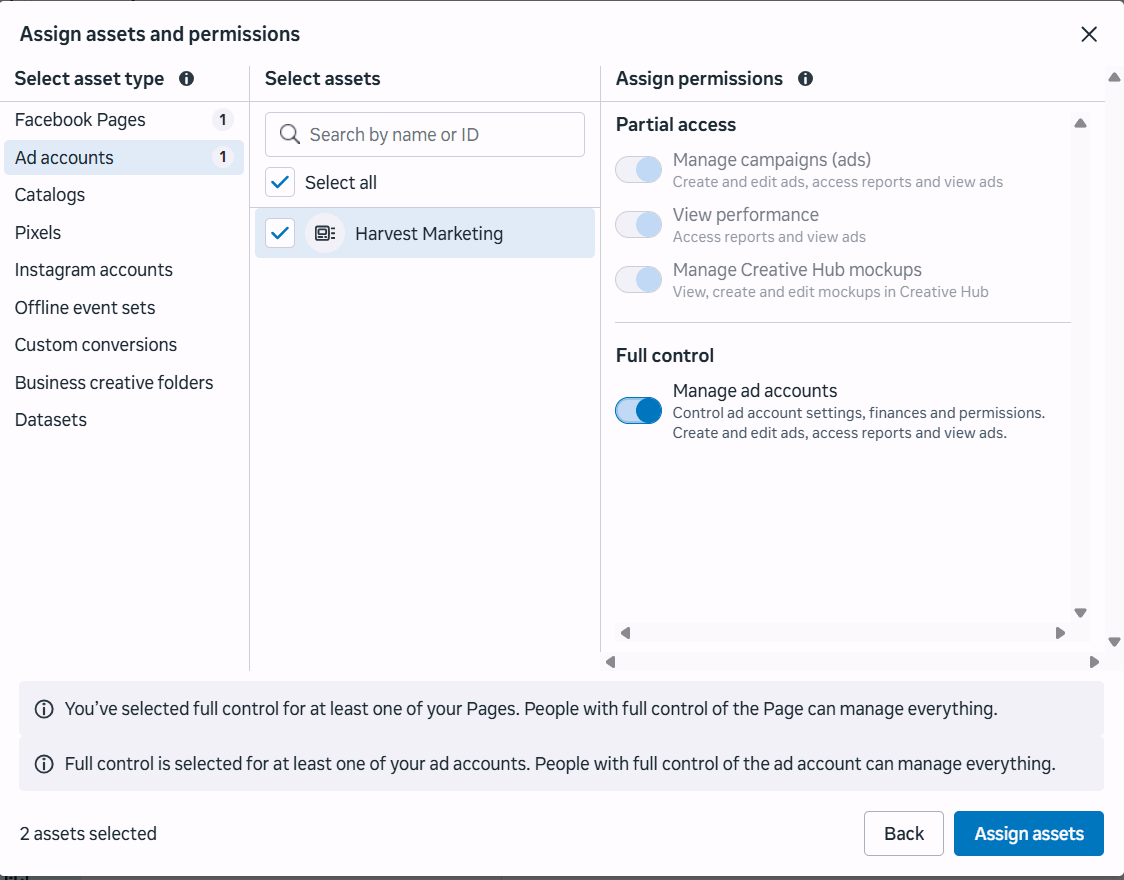 The assign assets screen with Ad accounts selected, an ad account checked, and Manage ad accounts switched on