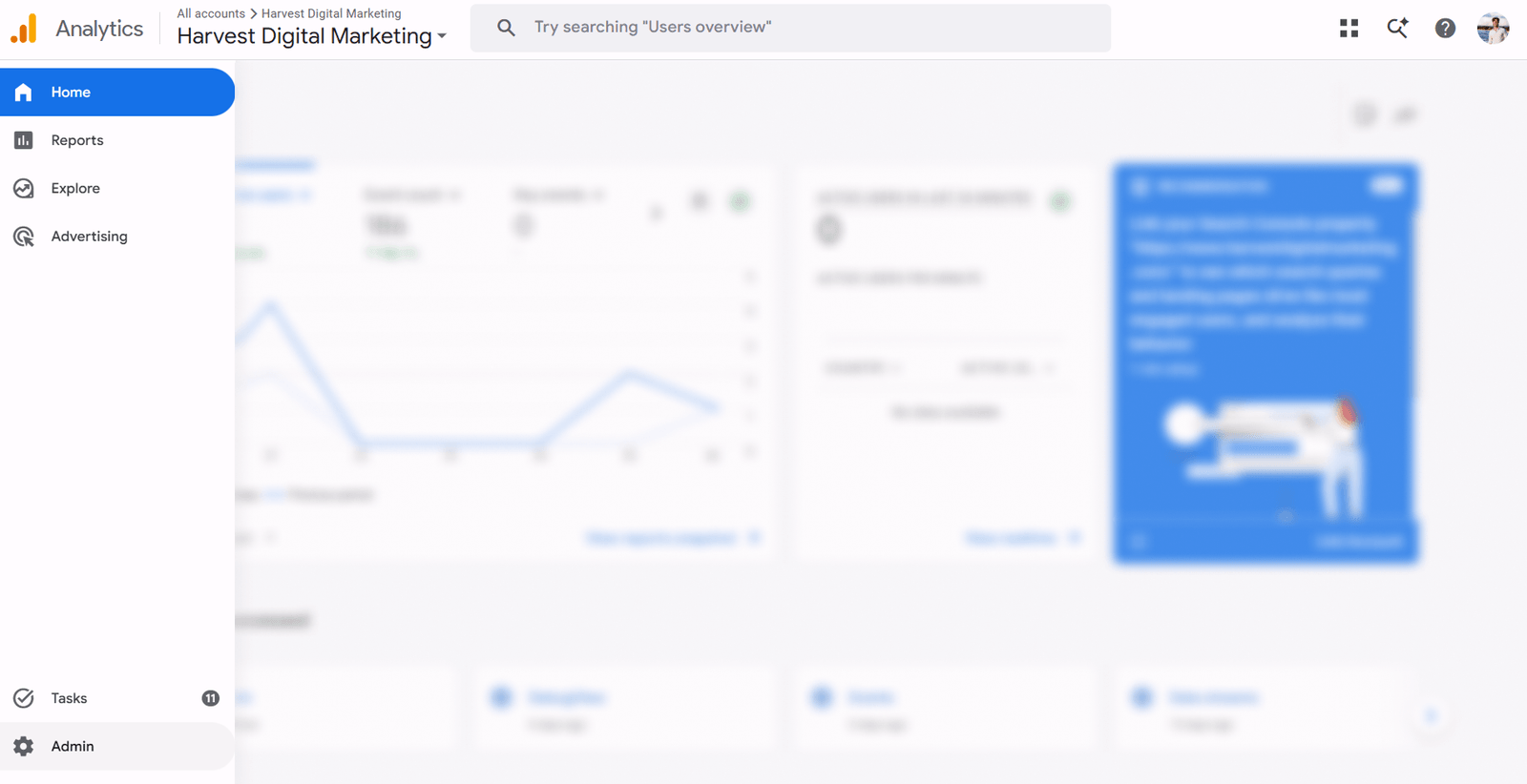 The Google Analytics home screen after signing in, with the Admin gear in the bottom left