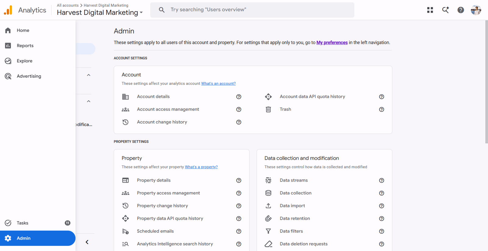 The Google Analytics Admin page showing account settings and property settings