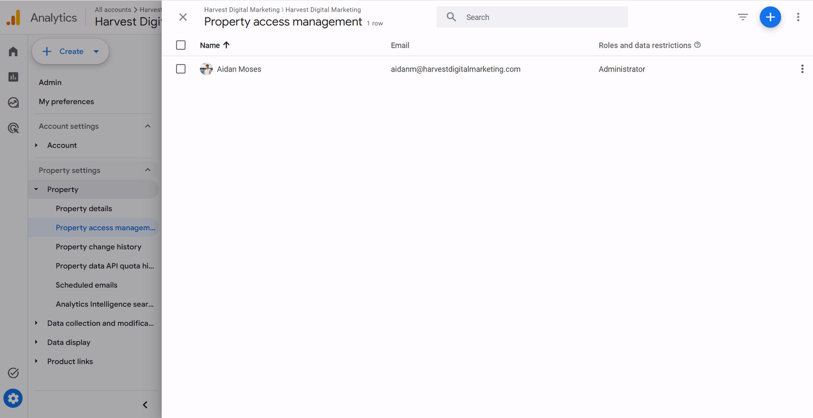 The Property access management panel in Google Analytics with the blue plus button in the top right