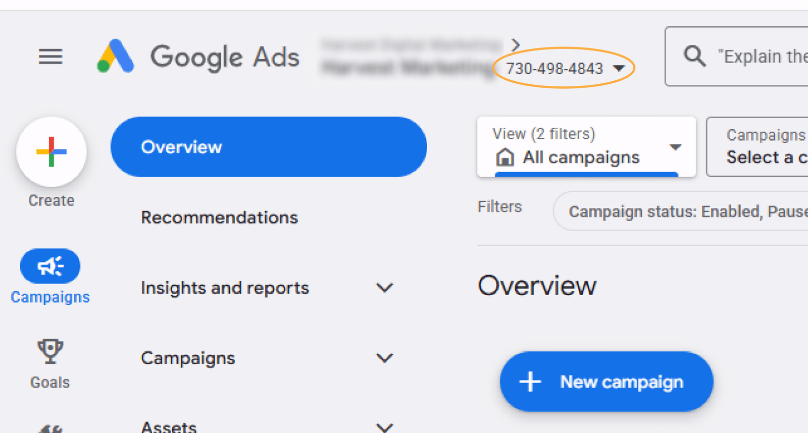 The Google Ads dashboard with the ten digit customer ID circled in the top right corner