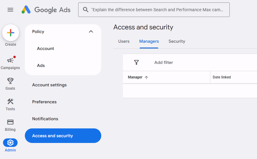 The Access and security page in Google Ads with the Managers tab selected
