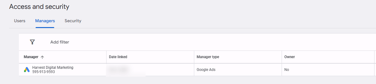 The Google Ads Managers list showing Harvest Digital Marketing connected as a manager