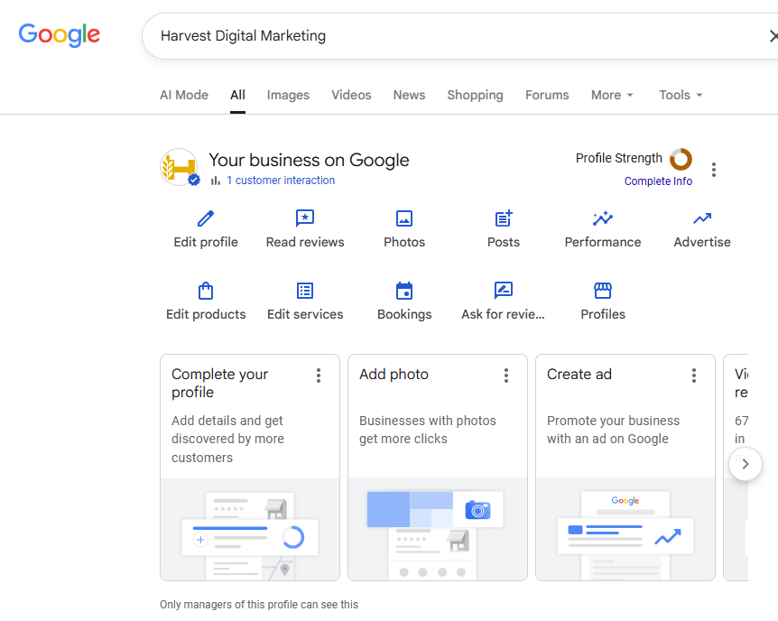 Google search results showing the Your business on Google panel with the three dots menu in the top right