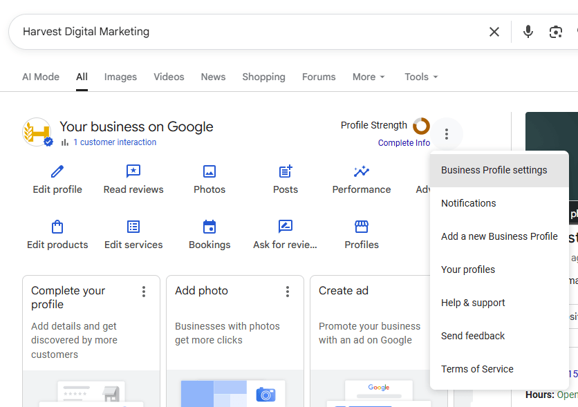 The Google Business Profile menu open with Business Profile settings at the top