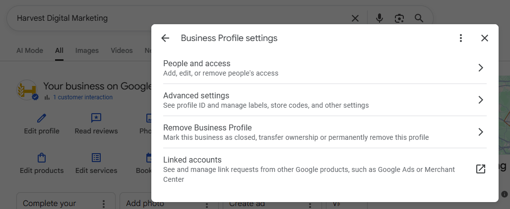 The Business Profile settings window with People and access listed at the top