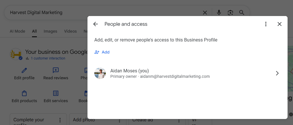 The People and access window in Google Business Profile with the blue Add button