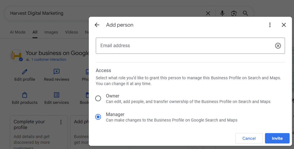 The Add person box in Google Business Profile with an email entered, Manager selected, and the Invite button