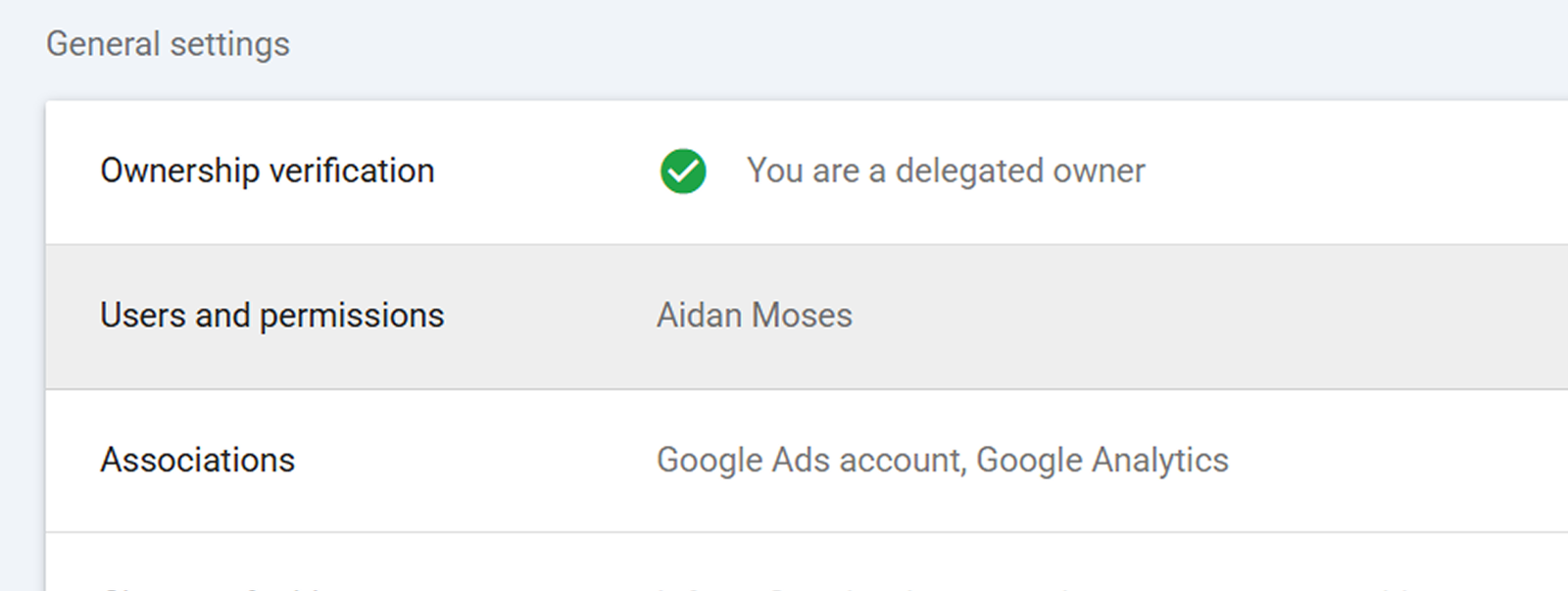 The Google Search Console settings screen showing the ownership verification row and the Users and permissions row