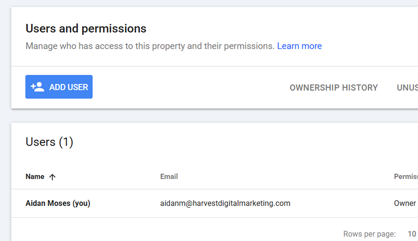 The Google Search Console Users and permissions screen with the ADD USER button above the list of people who have access