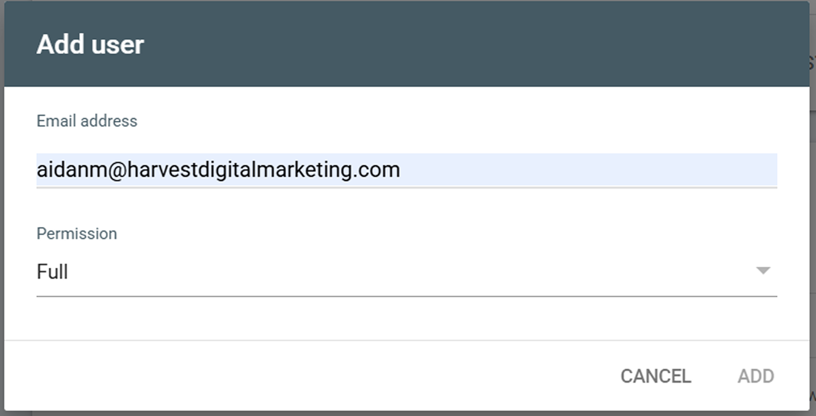 The Add user box in Google Search Console with an email address typed in and the permission set to Full