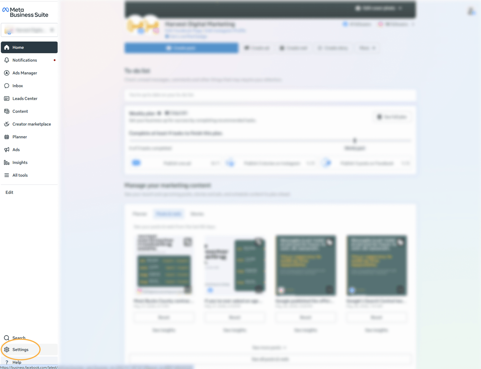 The Meta Business Suite home page with Settings circled at the bottom of the left menu