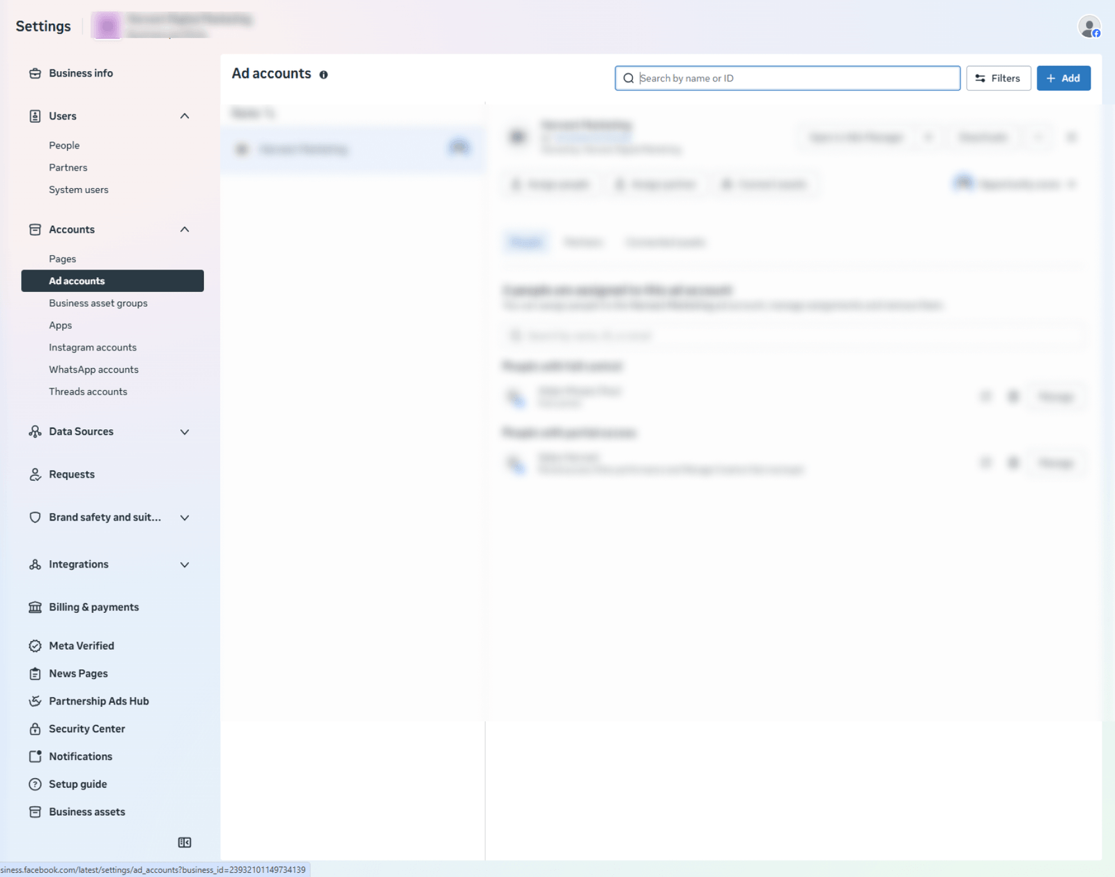The Ad accounts page in Meta Business Manager settings with the Add button in the top right