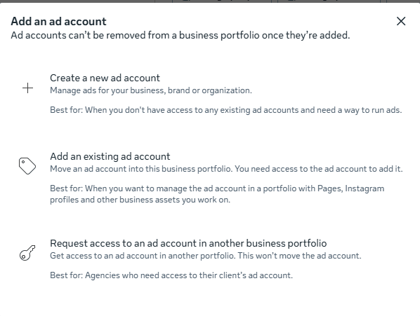 The Add an ad account box with Create a new ad account as the first option