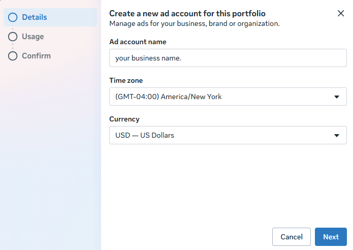 The Create a new ad account form with the name, time zone, and US dollar currency filled in