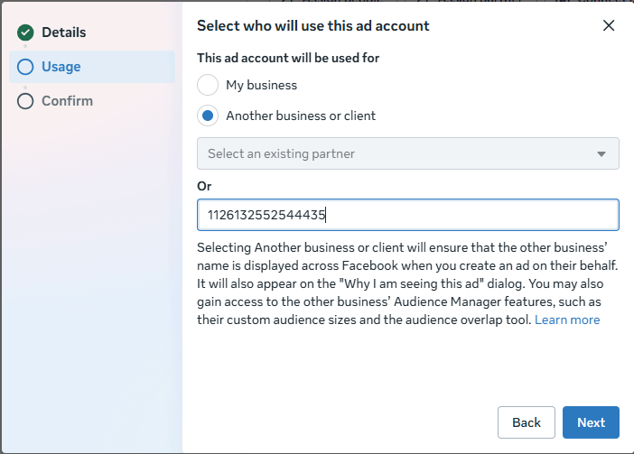 The screen asking who will use this ad account with Another business or client selected and a partner business ID entered