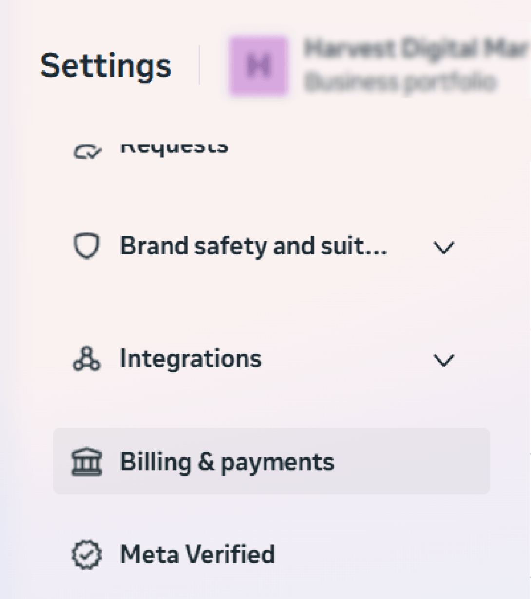 The Meta Business Manager left menu with Billing and payments highlighted below the Accounts list