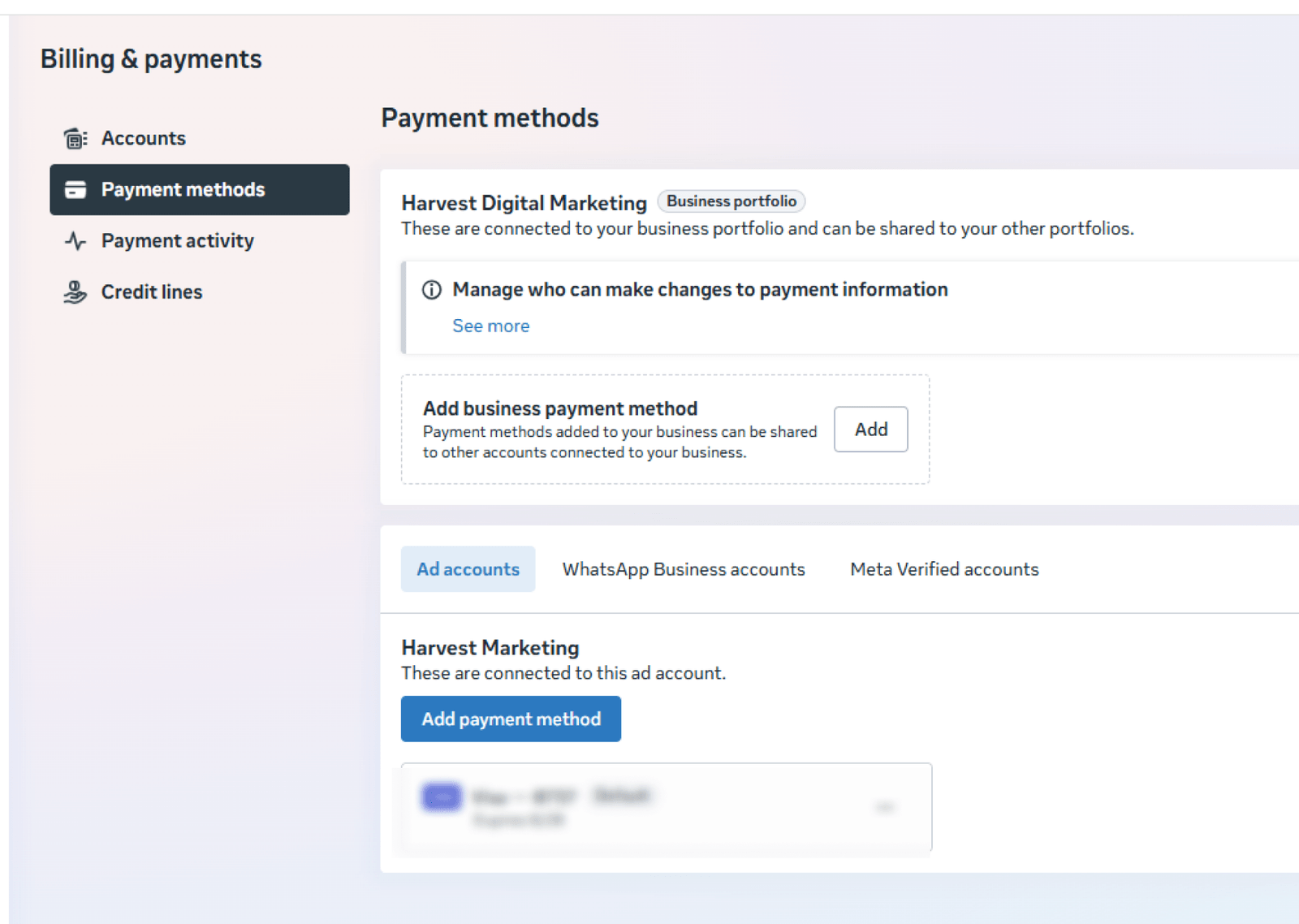 The Payment methods page with the Add payment method button for the ad account