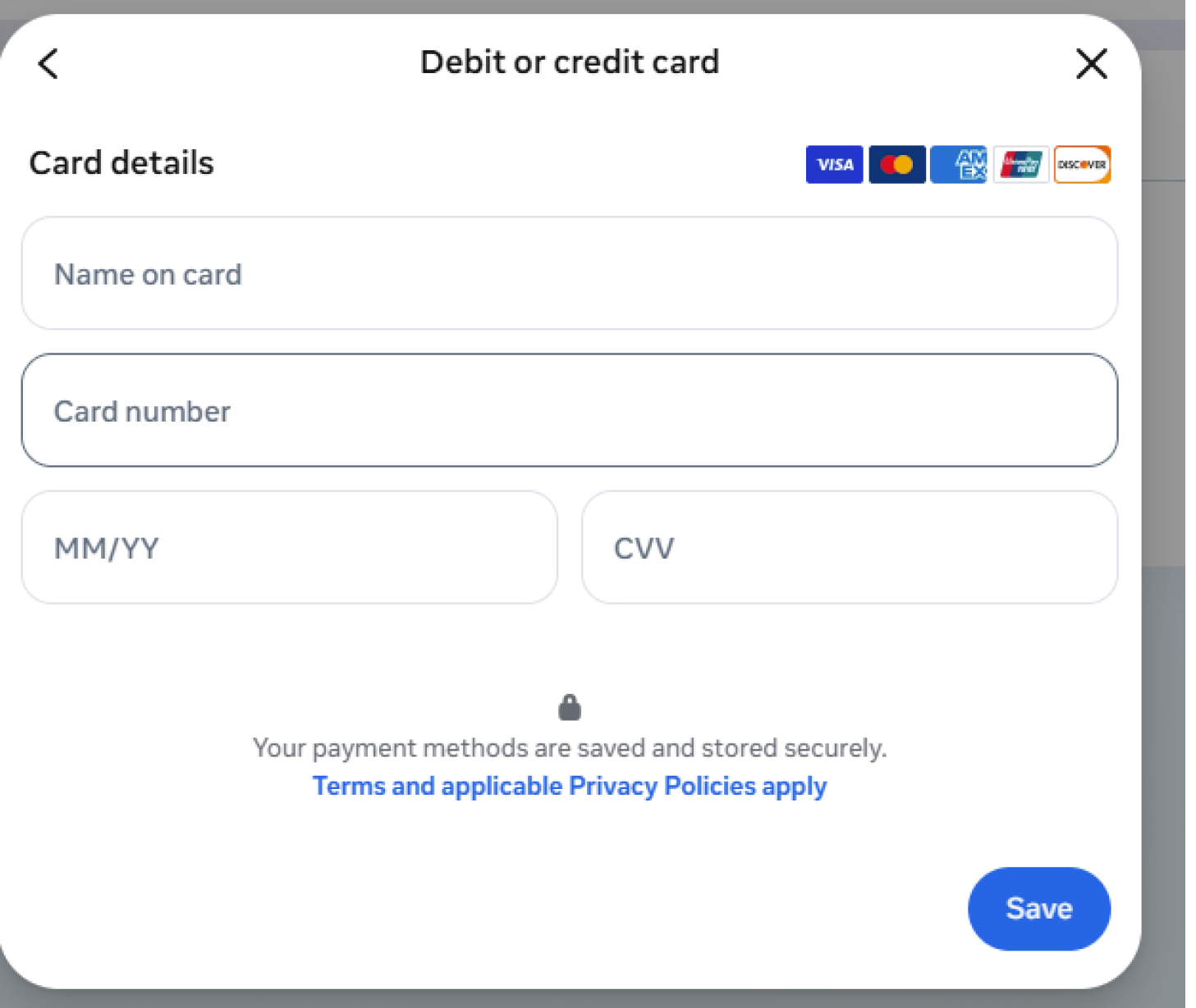 The card details form with fields for name, card number, expiry, and CVV, and a Save button